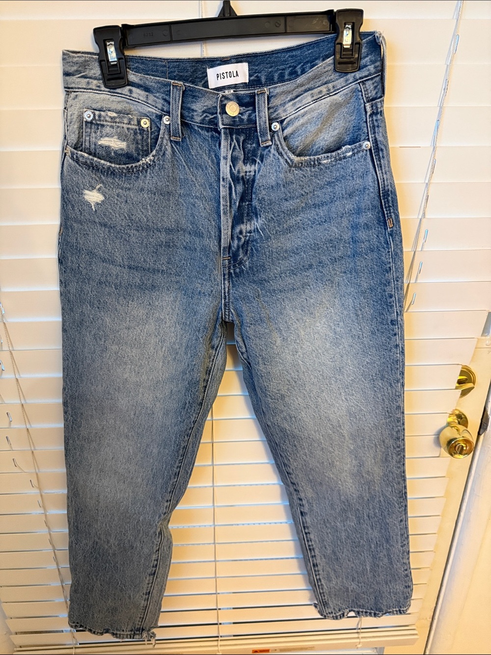 pistola Distressed High-Rise Straight Crop Jeans in Medium Blue